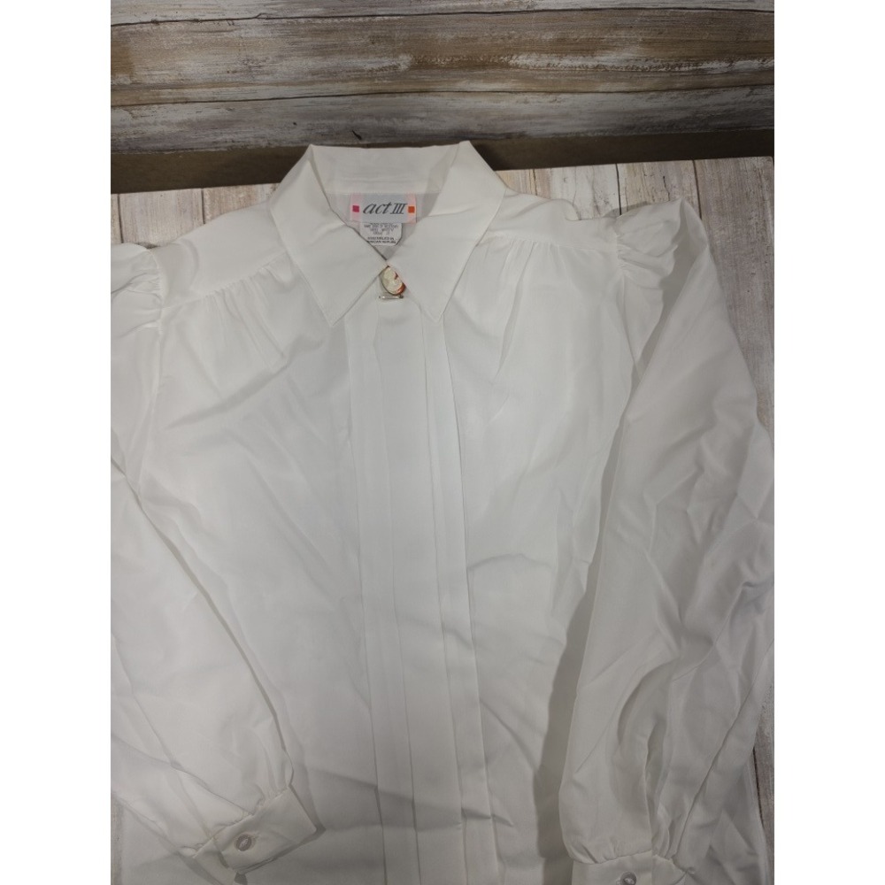 Act III Vintage White Pleated Cameo Brooch Blouse Puff Sleeve Size 10 NWT